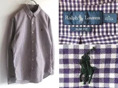 Ralph Lauren ラルフローレン SLIM FIT スリムフィット ポロポニーロゴ刺繍 ギンガムチェック BDシャツ M パープル ホワイト