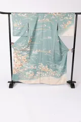 訪問着　ブルーグレー　ゴールド　珊瑚朱　紫　白　緑　鴛鴦　花　宝尽くし　波　京友禅　B1378