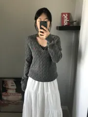 POLO RALPH LAUREN ポロラルフローレン ポニーロゴ ケーブル Vネック ニット グレー