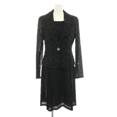 ランバン LANVIN コレクション COLLECTION セットアップ 上下 テーラードジャケット シングル ワンピース ひざ丈 ノースリーブ カットワークレース 花柄 絹 シルク混 36 黒 ブラック /YT