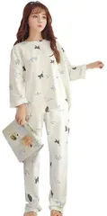 新品 [ネモフィオール] パジャマ ルームウェア 上下 セット アップ ねこ 柄 レディース
