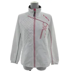 ミズノ MIZUNO ジャケット ウインドブレーカー スタンドカラー ロゴプリント パイピング ジップアップ ドット ホワイト 白 ピンク ネイビー 紺 M