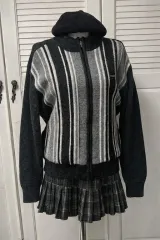 ヴィンテージ コーディネートセット 縦 ストライプ ニット ジップアップ カーディガン ツイードチェック ONE PIECE ベレー帽