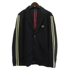 フレッドペリー FRED PERRY テーラードジャケット ジャージ素材 ラインスリーブ 黒 ブラック L