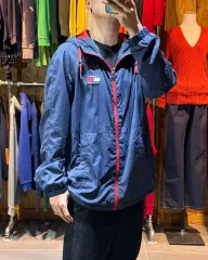 XL Tommy Hilfiger トミーヒルフィガー ジーンズ ボックスロゴ バイカラー ネイビー フード ウィンドブレーカー