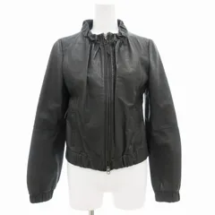 インディヴィ INDIVI ノーカラージャケット ジップアップ ピッグレザー 豚革 38 黒 ブラック /GVのサムネイル