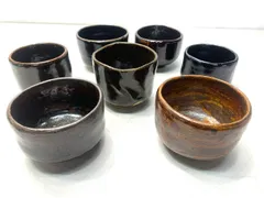 茶道具 抹茶碗 7点 まとめて｜黒楽風 飴茶色 刻印あり 時代物 趣のある逸品 レトロ A1270A10