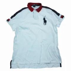 POLO by RALPH LAUREN ラルフローレン ビッグポニー ロゴ 刺繍 ポロシャツ 半袖 鹿の子 カットソー L ホワイト 赤 紺 メンズ 【中古】