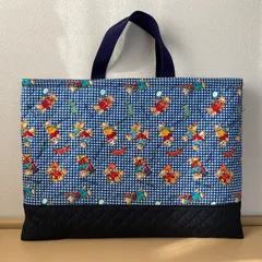 入園入学　りんりんのハンドメイド　レッスンバッグ　通園バッグ　絵本袋　キルティング　テディベア　青チェック