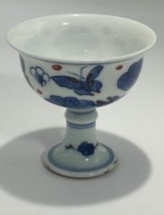 古伊万里 江戸後期 染付 高杯 菓子鉢 鳥文 金継ぎ有 径17cm 時代物
