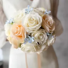 アイボリー×サーモンピンク×水色ラウンドブーケ☆ブートニア