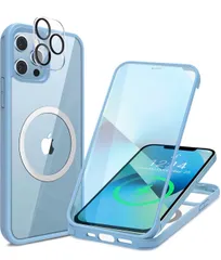 ★HAUTRKBG iPhone 14 Pro Max 用 ケース クリア 両面強化ガラス 全面保護 [MagSafe対応] [カメラフイルムを贈] 高タッチパネル感度　ブルー