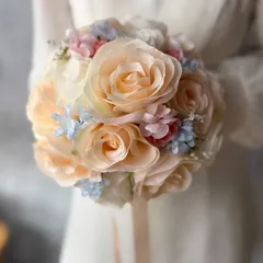 サーモンピンク×水色ラウンドブーケ☆ブートニア