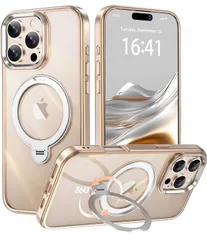 ★【透き通る上質感・多機能360°回転スタンド】 iPhone 16 ProMax 用 ケース【耐衝撃・金属感・真空メッキ・黄変防止・ストラップホール付き】縦横両立 角度自在