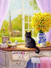 ダイヤモンドアート キット 四角ビーズ 水仙 窓辺の猫 ダイアモンドアート スクエア ABビーズ オーロラビーズ ダイヤモンドペインティング ビーズ 刺繍キット セット 送料無料