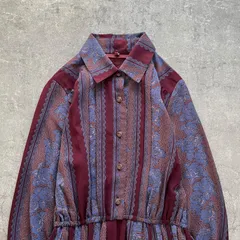 昭和レトロ ボルドー×くすみブルー薔薇ストライプ柄 シャツ襟ロングワンピース 長袖