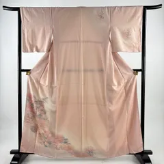 【美品】 付下げ 身丈163cm 裄丈64.5cm M 袷 建物 草花 ぼかし ピンク 正絹 優品 【中古】