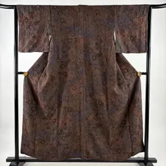 【美品】 小紋 身丈157.5cm 裄丈64.5cm M 袷 草花 菱 絞り 金通し 茶紫 正絹 名品 【中古】