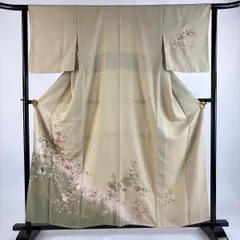 訪問着 身丈159cm 裄丈62cm S 袷 色紙 草花 金銀彩 染め分け ベージュ 正絹 秀品 【中古】