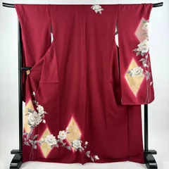 【美品】 振袖 身丈170.5cm 裄丈72.5cm L 袷 牡丹 菱 ラメ 金彩 えんじ色 正絹 秀品 【中古】