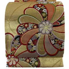 袋帯 秀品 振袖向き 菊 桜 金糸 箔 金色 六通 正絹 【中古】