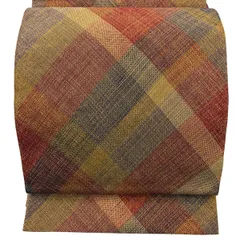 【美品】 袋帯 秀品 斜め格子 金糸 茶色 全通 正絹 【中古】