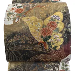 袋帯 秀品 草花 蝶 箔 金糸 深緑 六通 正絹 【中古】