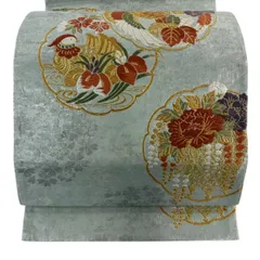 袋帯 秀品 雪輪王朝桜 花鳥 刺繍 金糸 青灰色 六通 正絹 【中古】