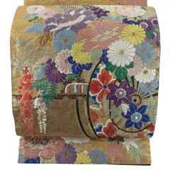 袋帯 秀品 振袖向き 花車 牡丹 金銀糸 箔 金色 六通 正絹 【中古】