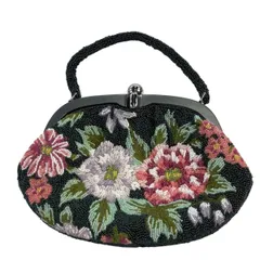 和装バッグ 秀品 ビーズバッグ フォーマル 草花 深緑 正絹 和装小物  【中古】