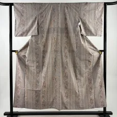 紬 身丈155cm 裄丈62cm S 袷 鳥 幾何学模様 灰茶 正絹 秀品 【中古】