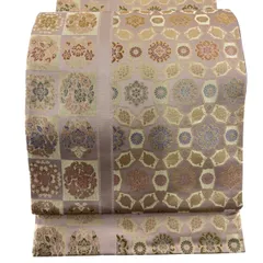 【美品】 袋帯 名品 落款 欧亜吉祥文 市松 箔 ピンクベージュ 六通 正絹 【中古】