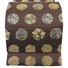 【美品】 袋帯 名品 箔屋清兵衛 落款 草木染 花丸文 金糸 唐織 茶紫 六通 正絹 【中古】