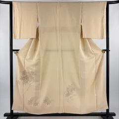 付下げ 身丈156cm 裄丈63.5cm S 袷 短冊 草花 刺繍 ベージュ 正絹 秀品 【中古】