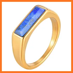 【新品】 [Rockyu] 指輪 メンズ ステンレス 天然石インレイ 長方形デザイン ターコイズ タイガーアイ 個性を添えるアクセサリー 普段使いからギフトにも活躍 (ゴールドラピスラズリ, 17) 0