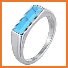【新品】 [Rockyu] 指輪 メンズ ステンレス 天然石インレイ 長方形デザイン ターコイズ タイガーアイ 個性を添えるアクセサリー 普段使いからギフトにも活躍 (シルバーターコイズ, 14) 0