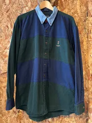 90s CHAPS RALPH LAUREN マルチボーダーBDシャツL/ネイビー✖︎グリーン/刺繍ロゴ