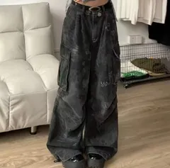 ハイウエスト ワイドレッグ デニムパンツ ルーズ 韓国 Y2K