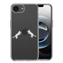 iPhone16e ケース クリア にゃんこ りんご 取り合い 薄いグレー スマホケース 側面ソフト 背面ハード ハイブリッド 
