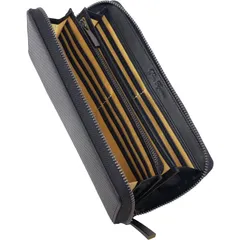 新品 [Dom Teporna] 財布 メンズ 大容量 カード24枚 長財布 本革 レザー YKKファスナー ラウンドファスナー 小銭入れあり インナーゴールド 革財布 カーボンレザー/ブラック