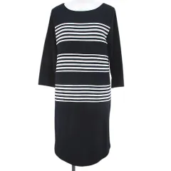 アルファキュービック ALPHA CUBIC ボーダー柄 七分袖 ワンピース 膝丈 M 紺系 ネイビー 切替 ストレッチ