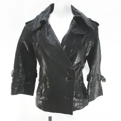 七分袖 革ジャン レザージャケット ラム 羊革 M 黒系 ブラック ボタン 裏地