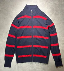 トミーヒルフィガー ジップアップ ニット セーター M 紺 赤 ボーダー コットン100% プレミアムコットン メンズ TOMMY HILFIGER フルジップ カーディガン ハイネック 立ち襟【ジッパー革部分に小傷あり】送料無料 匿名配送