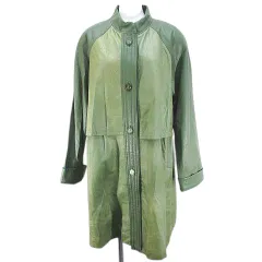 羊革 ラムレザー コート ロング丈 F 緑系 グリーン 切替 ボタン 裏地 肩パット 日本製