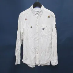 シナコバ SINA COVA 長袖 シャツ ボタンダウン 麻 リネン M 白系 ホワイト 日本製 胸ポケット 刺繍 ワッペン 透け感