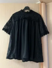 レース バイカラー プリーツ ブラウス シースルー 半袖 シャーリング