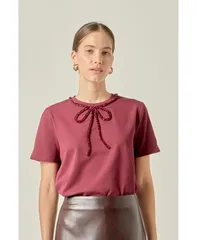 イングリッシュファクトリー レディース トップス シャツ プチ English Factory Petite Beaded Bow TShirt Burgundy バーガンディ