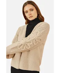 ユミキム レディース アウター ニット・セーター フラワー柄 カーディガン フラワー Yumi Womens Floral Sleeve Chunky Knit Open Front Long Cardigan Sweater Beige ベージュ