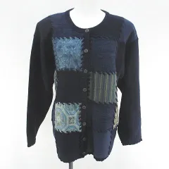 あいびぶれ 長袖 カーディガン ニット FREE 紺系 ネイビー 日本製 パッチワーク 刺繍 肩パット 毛 ウール タグ付