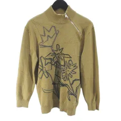 エルメス HERMES 花柄 フラワー 長袖 ニット セーター ハイネック ハーフジップ カシミヤ S ベージュ系 イタリア製